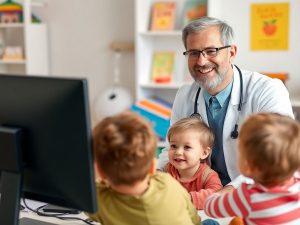 Consultație pediatrică online cu un doctor și un copil.