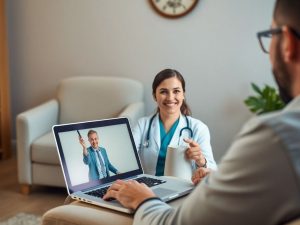 Persoană consultând un doctor prin apel video.