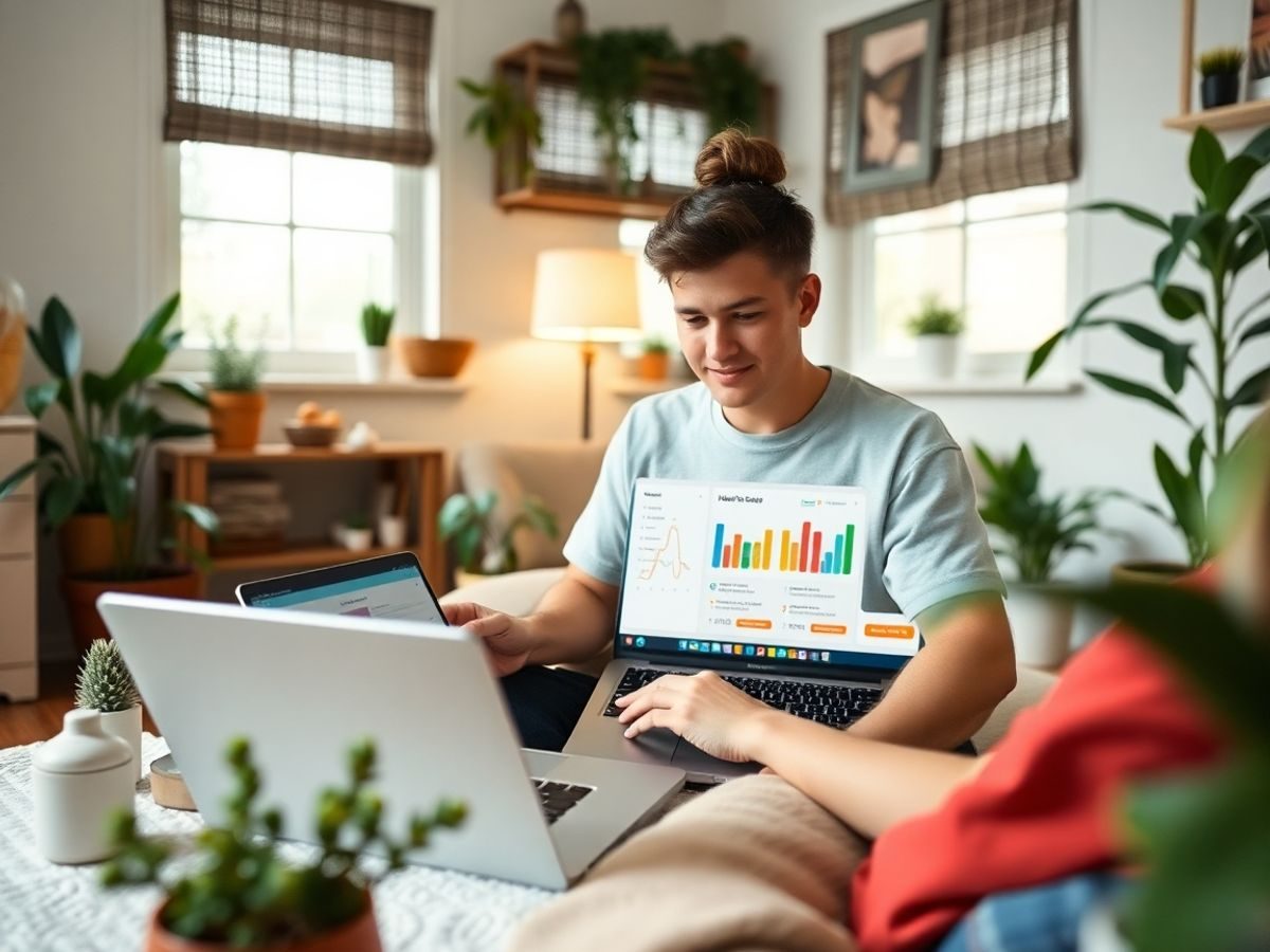 Persoană evaluând sănătatea acasă cu laptopul.