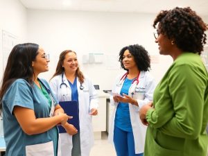 Profesioniști în sănătate discutând îngrijirea pacienților într-o clinică.