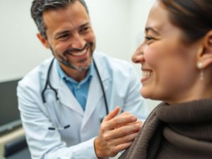 Doctor zâmbind pacientului în timpul unei consultații medicale.