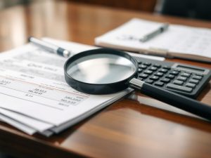 Lupă pe date financiare, calculator, documente pe birou.