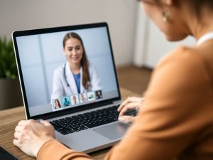 Femeie consultându-se cu un medic dermatolog online pe laptop.