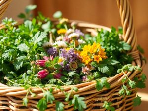 Plante medicinale proaspete într-un coș de răchită naturală