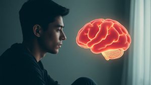 Persoană singură, cu creier iluminat subtil, atmosferă introspectivă.